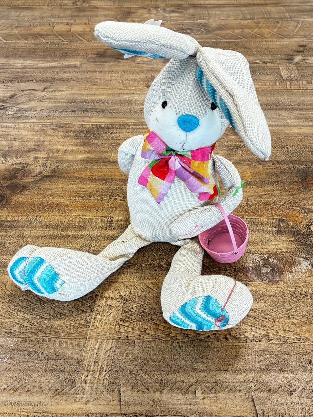 Beige Burlap Easter Bunny Plush with Blue Accents and Pink Basket